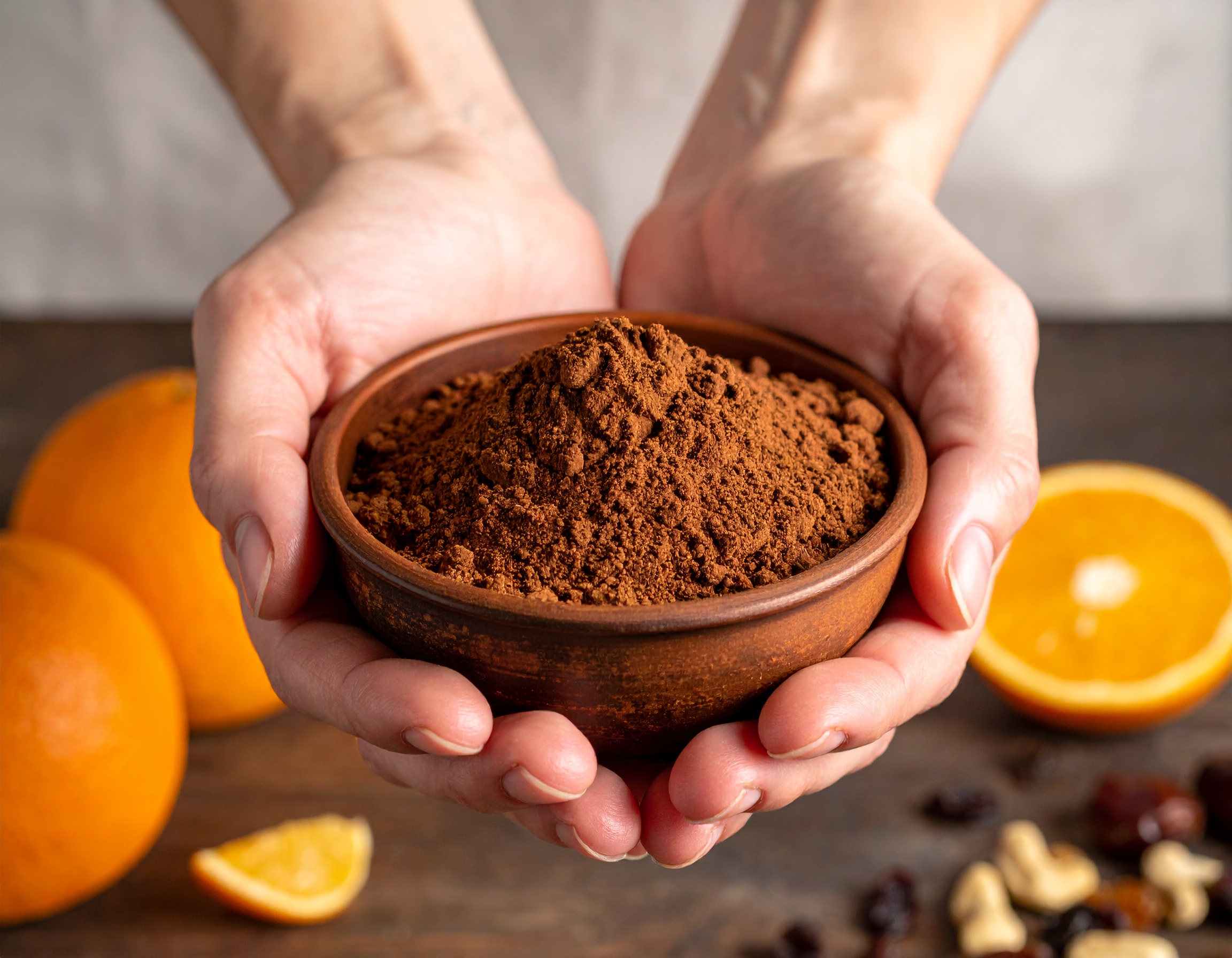 Holzschale mit Kakaopulver, die von 2 Händen gehalten wird - KI-generiert
