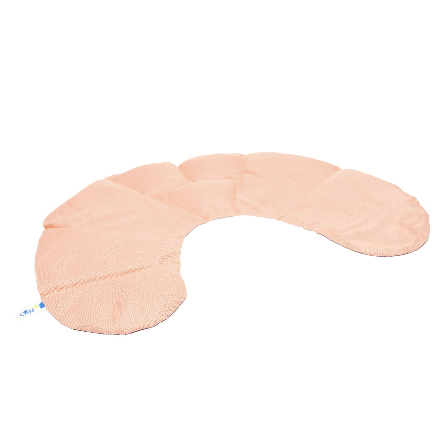 Das flache Körnerkissen in Hörnchenform ist auf der einen Seite ganzflächig helllila und auf der anderen Seite ganzflächig rosé. Damit die Körner nicht durcheinanderfallen, sind sie durch Nähte separiert.