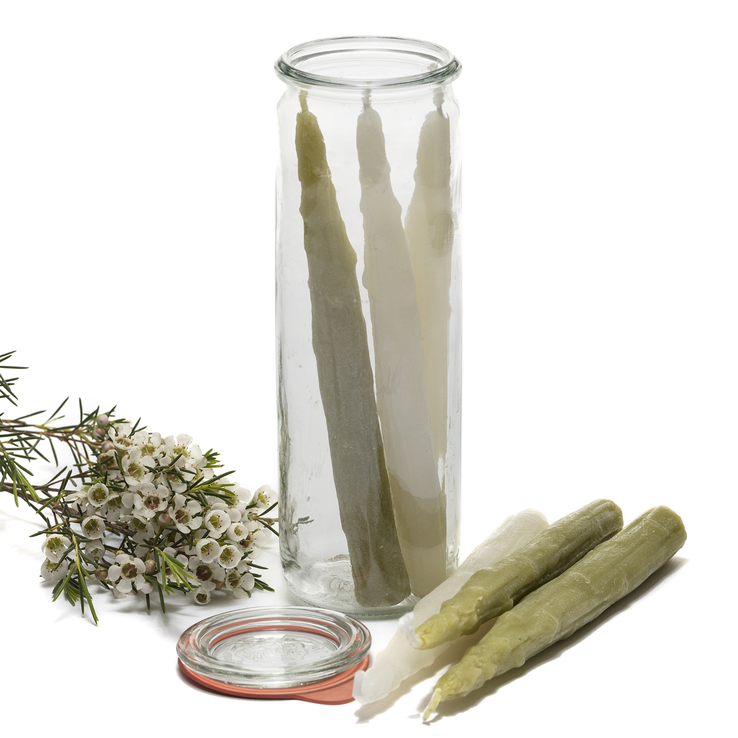 Spargel-Kerzen im Glas (6 Stk.), weiß/ grün